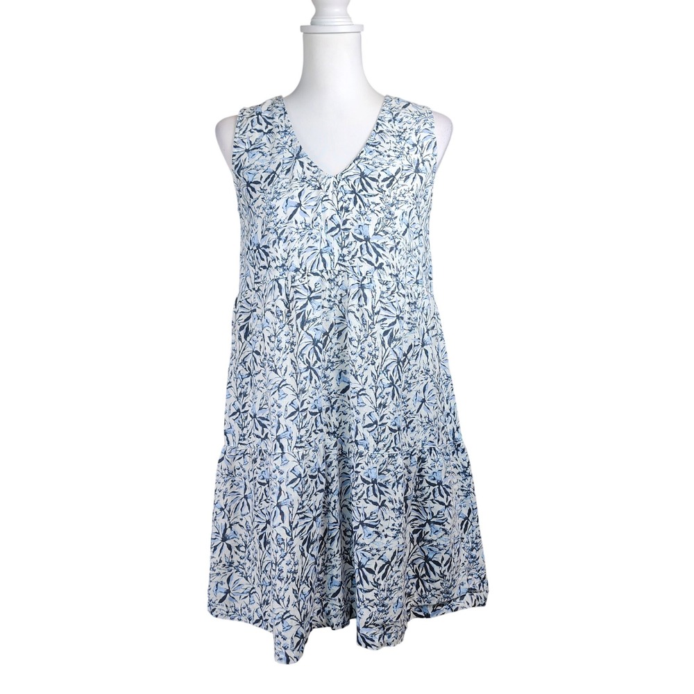 Lucky Brand Linen Mini Shift Dress Womens Small Blue White Floral Tiered Casual